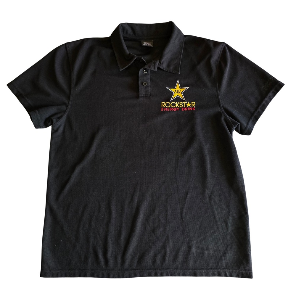 Vintage Rockstar Energy Drink Polo Shirt Mens Medium Black Embroidered Y2K Logo